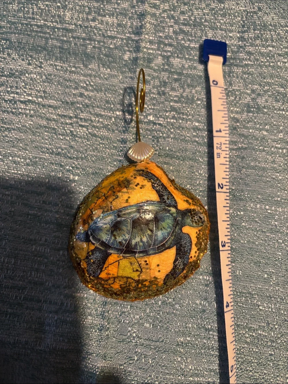 Decoupage Blue Turtle Reptile Ornament - Blue and gold sparkles